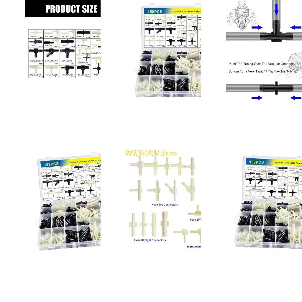 Vacuum Line Repair with 159 Nylon Hose Fittings, Assorted Parts in Common Inch Sizes for Washer Hose Replacement, Branching, and