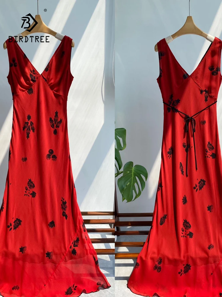 

BirdTree,100%Real Silk Elegant Dress, Women Deep V Neck Sleeveless Rose, French Sexy Vacation Dresses, 2024 Summer New D458132QC
