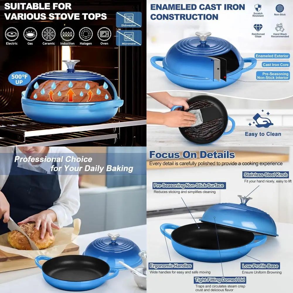 

Чугунная эмалированная кастрюля-казан на 6 кварт для хлеба на закваске, высокая куполообразная крышка, круглое дно, самоподогревающаяся, равномерный нагрев, сверхпрочная, не прилипающая