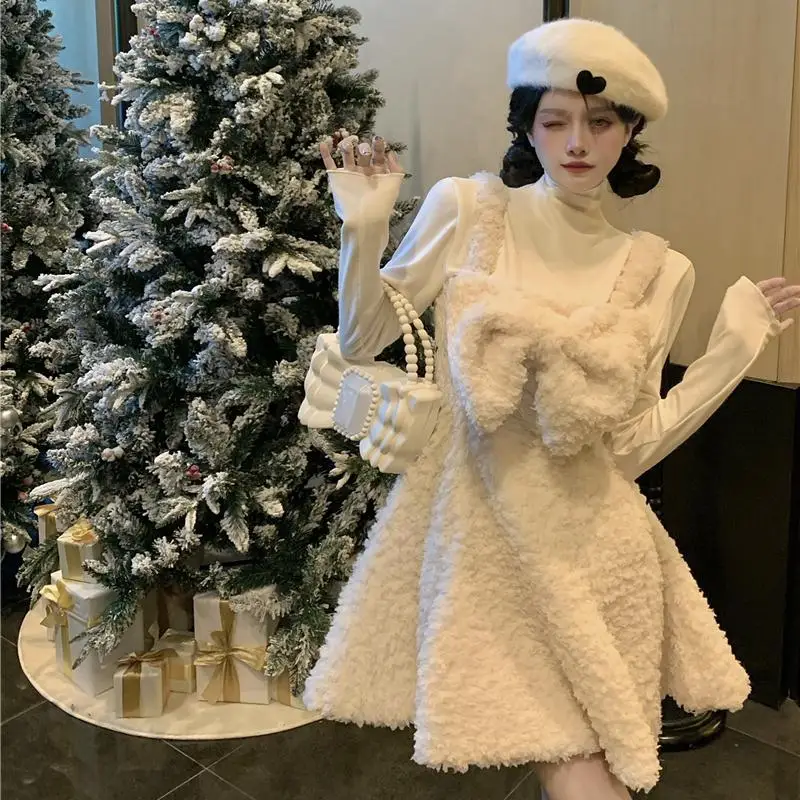 

Two-Piece Set Small Fragrant Style Long-Sleeved Bottoming Shirt Plush Bow Suspender Dress Women 2024 Autumn Winter Skirt Suit