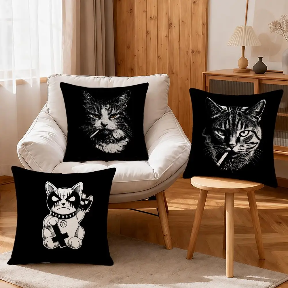 Pattern Black and White Cat Cushion Cover Linen Anti-Mite Antibacterial Cushion Cover Invisible Zipper Sofa Decor