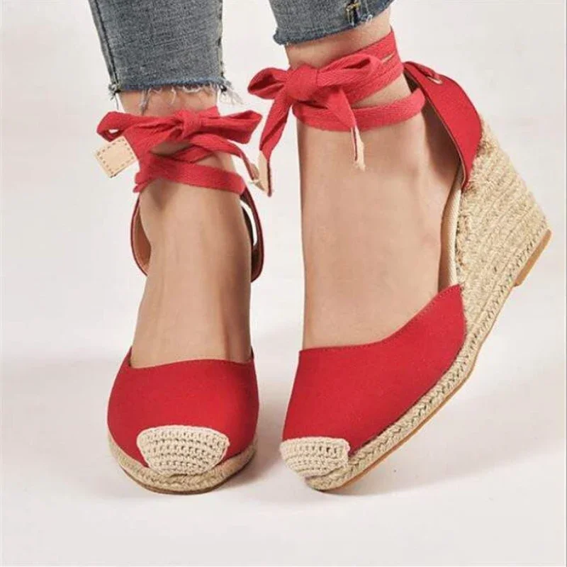 Women Espadrille Ankle Strap Sandals Slippers Ladies Womens Casual Wedge Shoes  Flax Canvas Pumps Platform Sandals De Mujer 43