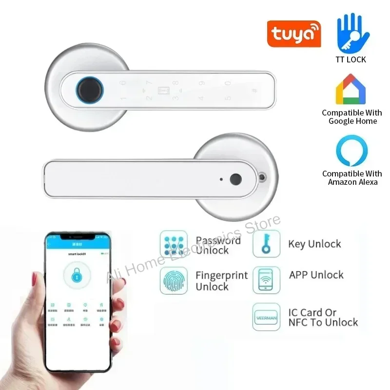 Imagem -02 - Tuya Ttlock Fechadura Inteligente para Porta Interna Fechadura de Madeira com Senha de Impressão Digital Cartão ic Nfc Desbloqueio por Aplicativo Fechaduras Digitais Inteligentes