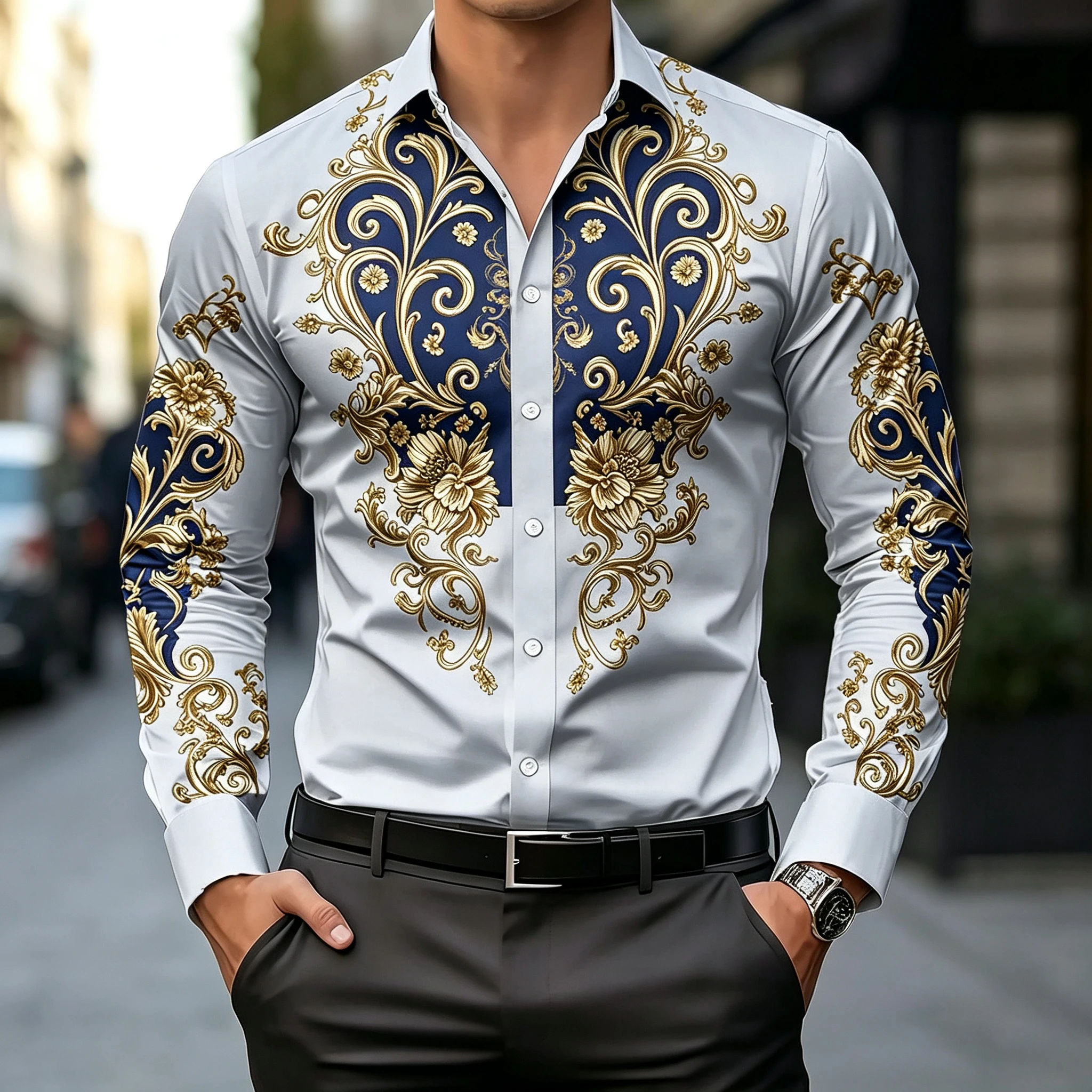 Blue and Gold Baroque Scroll Floral Men's Long-Sleeved Shirt, Wedding Banquet Lapel Tuxedo Shirt