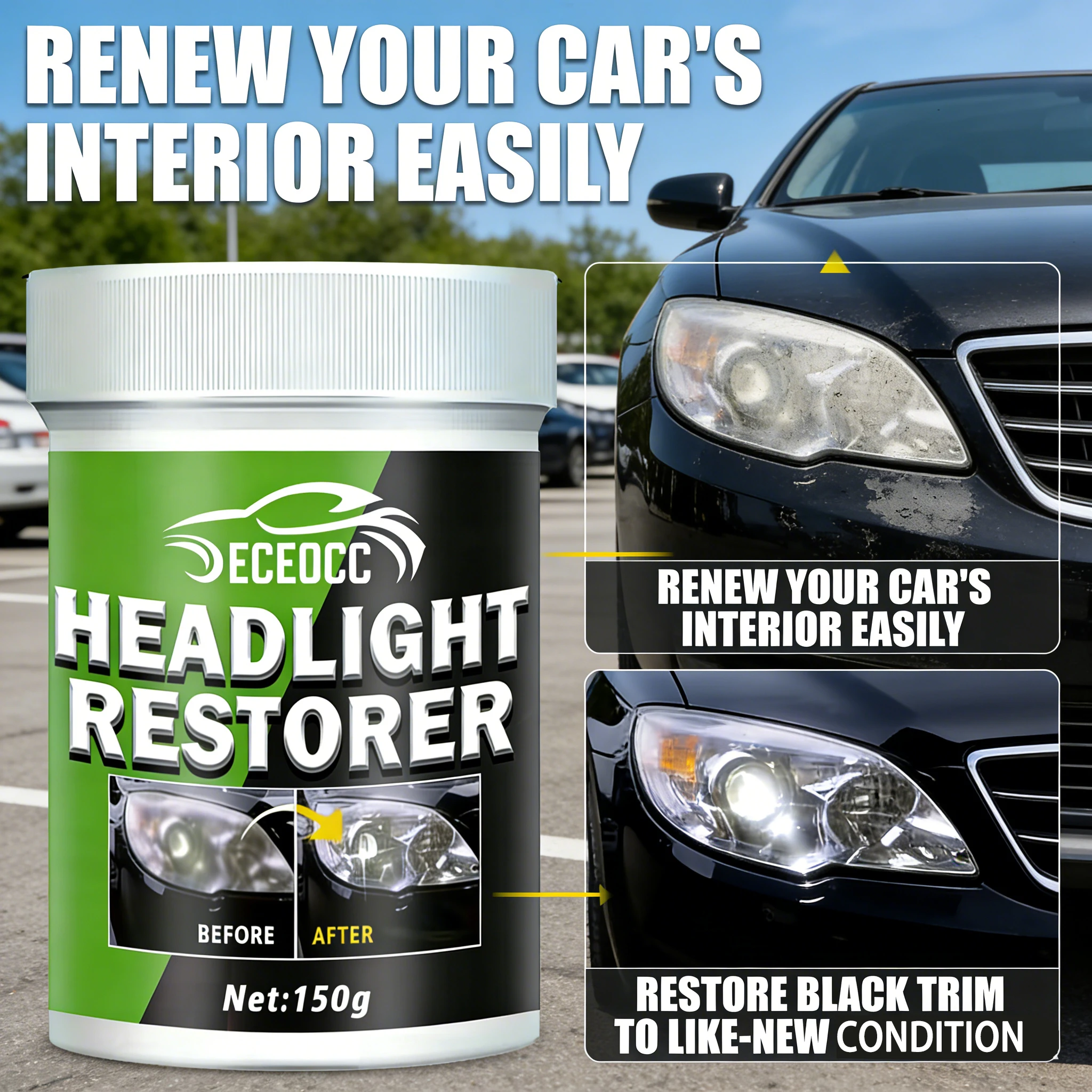 Car Headlight Restoration Kit - Professional Headlight Polish Cream For Cloudy & Yellowed Lenses, Auto Lamp Repair