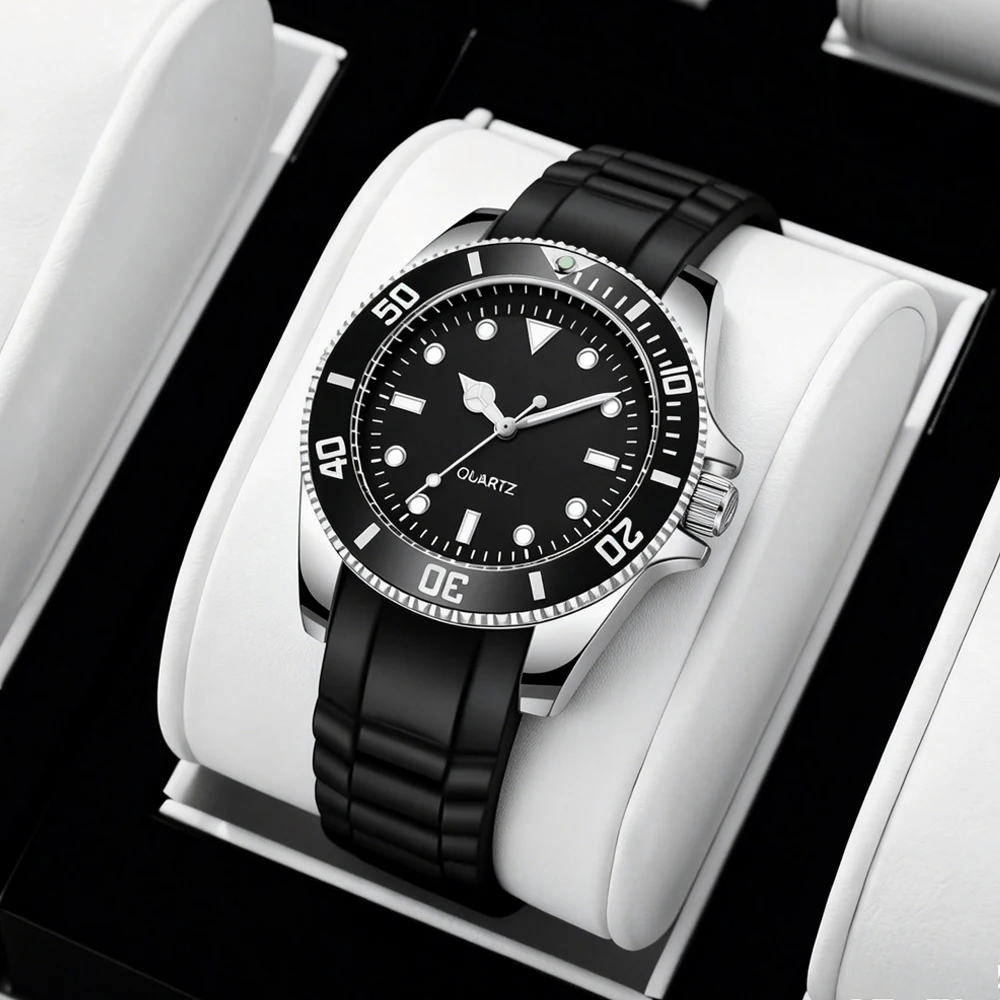 40mm Quartz Analog Watch with Quartz Movement No Logo Rotating Bezel Rubber Strap Unisex Wristwatch