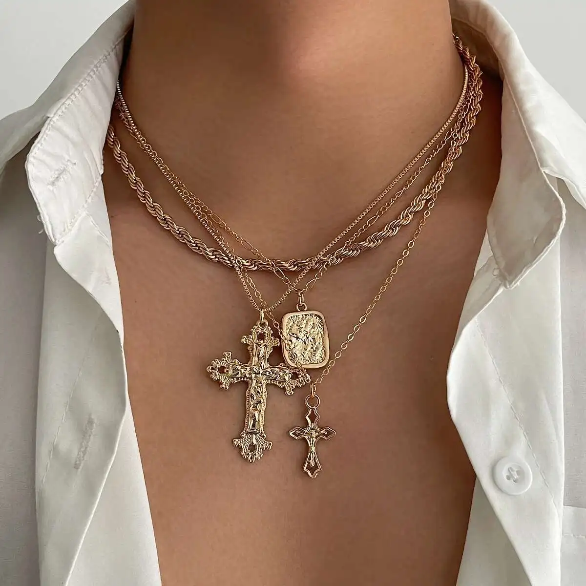 KunJoe 4Pcs/Set Punk Jesus Cross Square Pendant Necklace for Men Hip Hop Multi Layer Stacked Gold Color Neck Chain Jewelry Gift