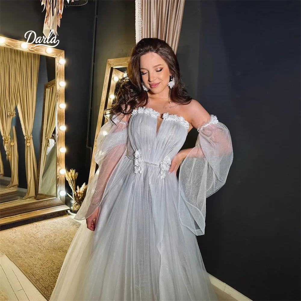 Darla Customized Ruffles Ruched Flower Deep V-Neck Appliques Elegant A-Line Wedding Dress  Sweep Train Floor Length 2025 Elegant