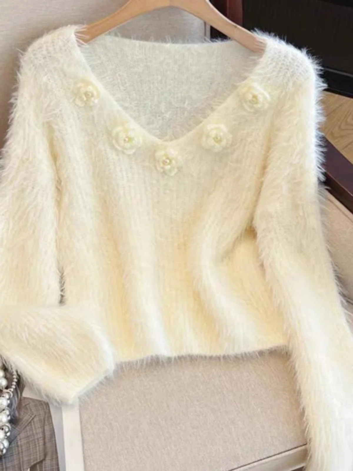 Chic V-Ne Long Sve Knitted Sweater ort Sle 3D Flower Design Autumn Winter Women's Faion Commute Loose Fit Knitwear