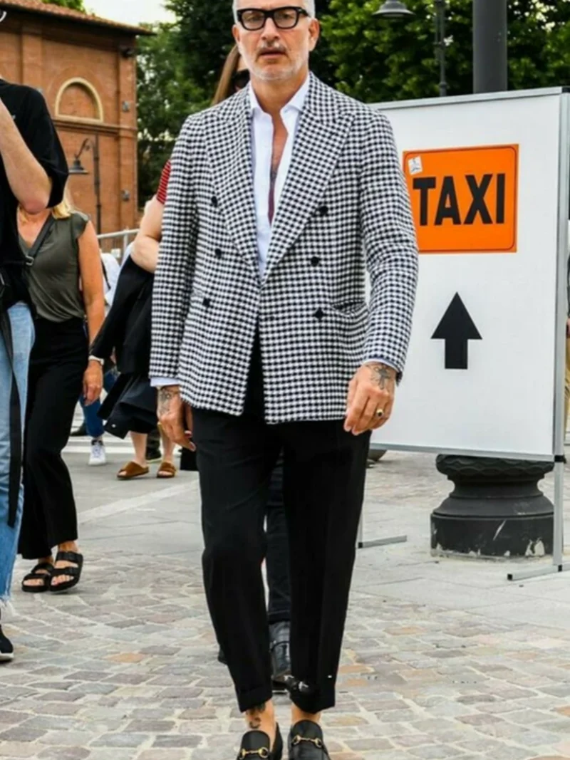 

Plaid Wedding 6XL Blazer Houndstooth Men Suit Jacket Casual Slim Fit Double Breasted Coat Formal Business Male Only Blazer