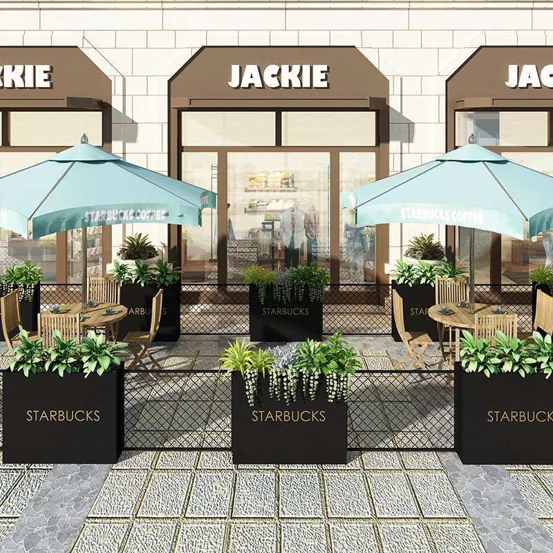 Outdoor wrought iron flower box, flower slot flower bed outside commercial street store, rectangular grid fence group