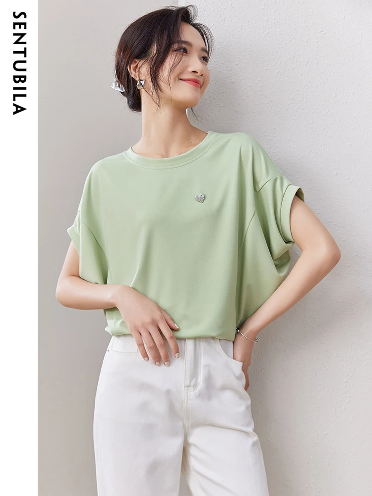 SENTUBILA Women\'s Solid Bat Sleeve T-shirt 2024 Summer New Casual Loose Round Neck Office Lady Temperament Simple Top 132T49545