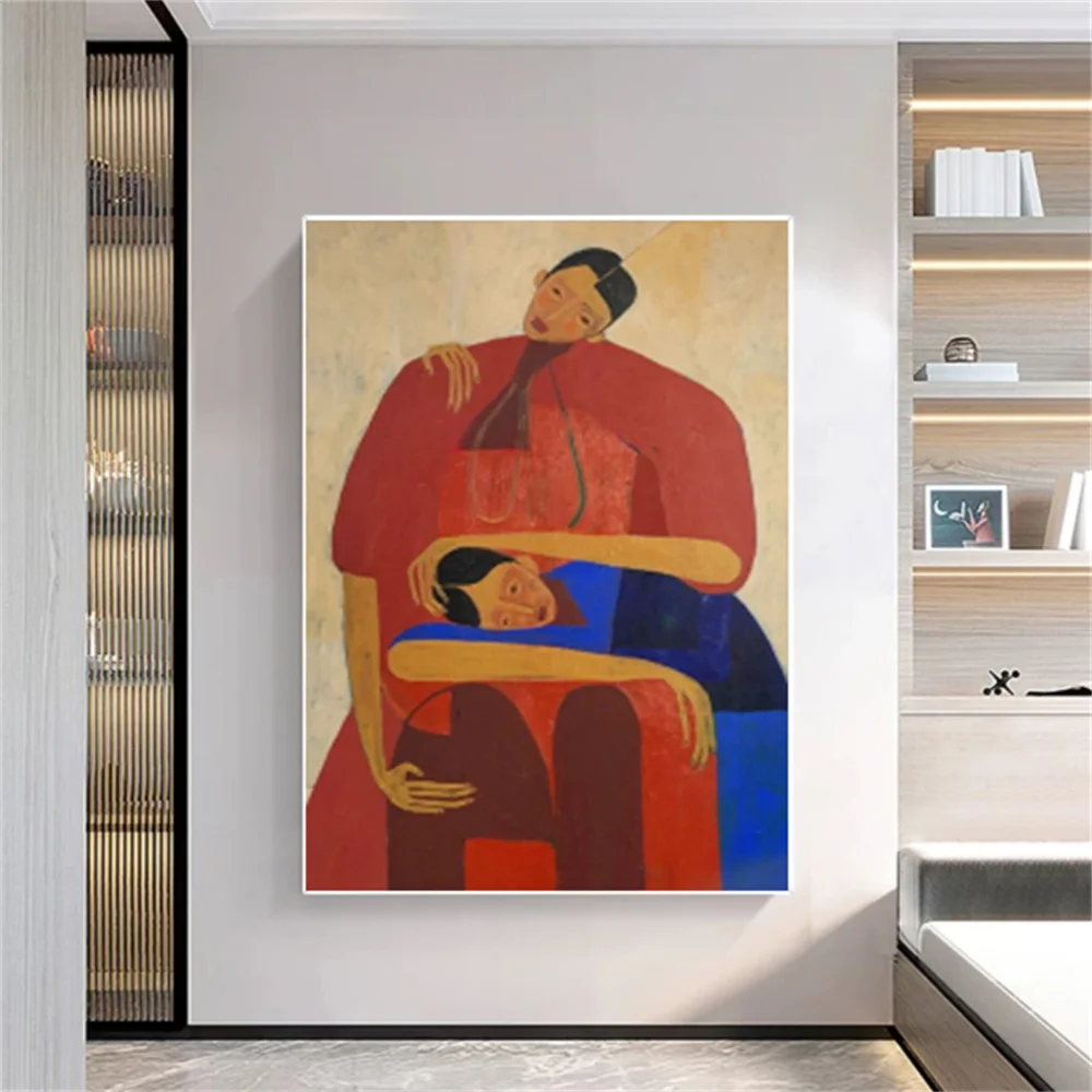 100% Handmade Picasso Style Figure Oil Painting on Canvas Strong Contrast Color Red Wall Art Picture for Living Room Home Decor