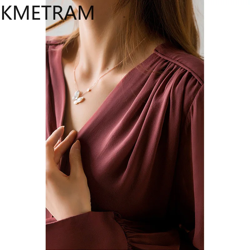 KMETRAM Spring Real Mulberry Silk Blouse Woman Luxury Solid Tops for Woman Clothing 2025 Office Lady Shirts Blusas Para Mujer