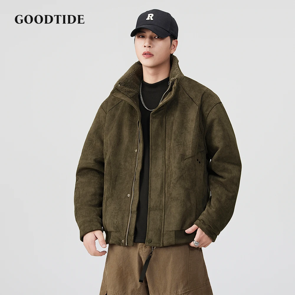

Fashion Men's Casual Zip Up Suede Jacket 2025 Winter New Sherpa Collar Ribbed Hem Loose Fit Design Warm Men Down Jacket Top