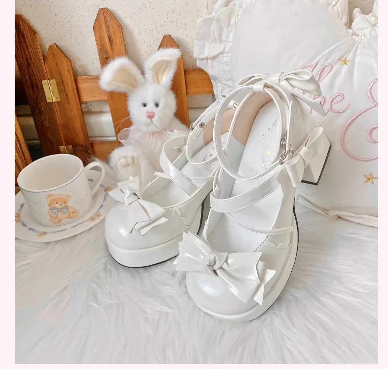 Lolita Girls Shoes High Heels Spring and Autumn New Japanese Cute Round Head Bowknot Pu Leather Shoes Pumps Women Paltform