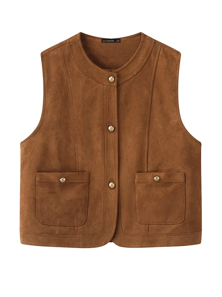 

Женский жилет в стиле ретро из замши, верхняя одежда, круглый вырез, стандартный крой, осень-зима, модный топ с клипсами