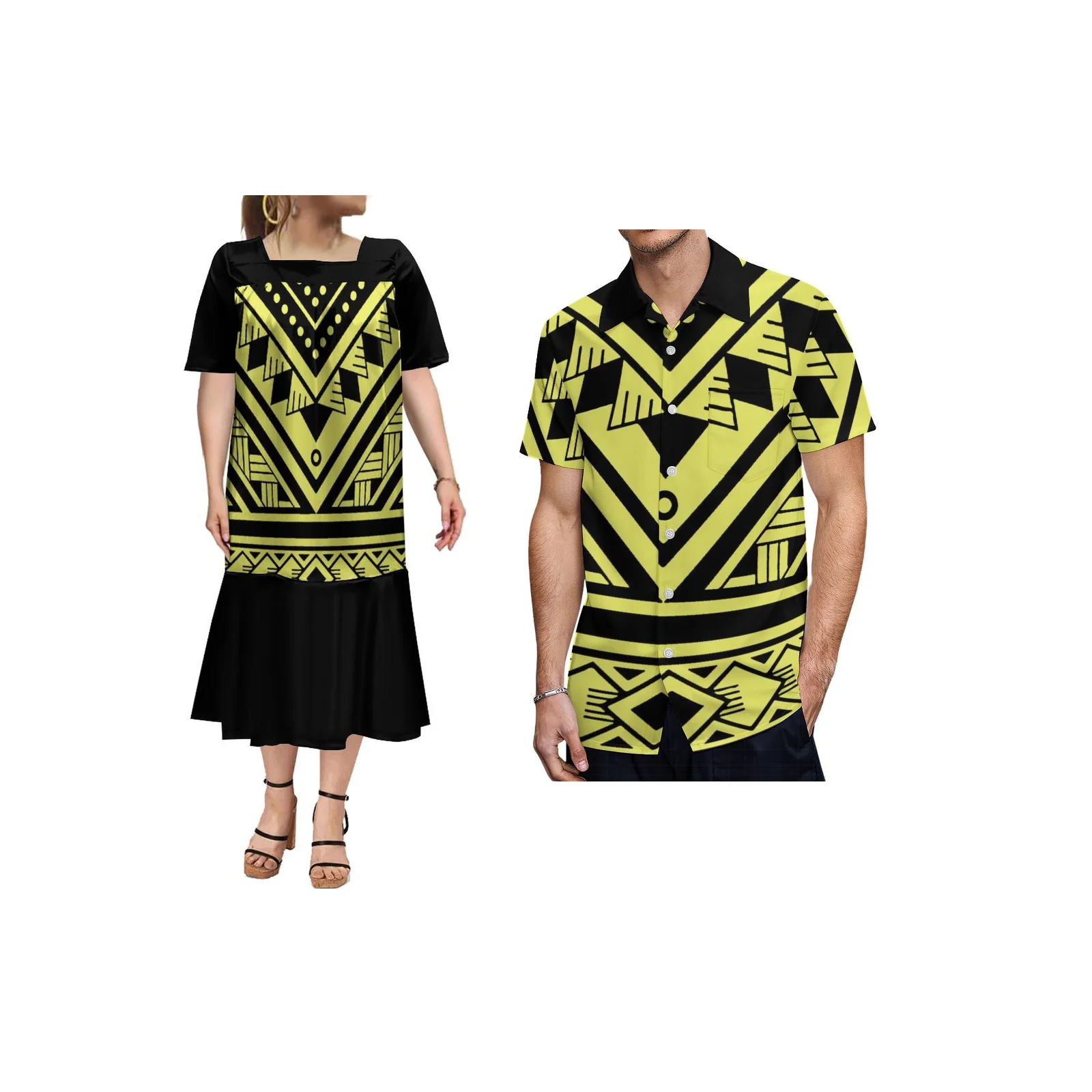 

Hawaiian Island Couple Clothing Hot Selling Square Neck Short Sleeve Women's Dress Samoa Summer MUMU Polynesian Men's Shirts