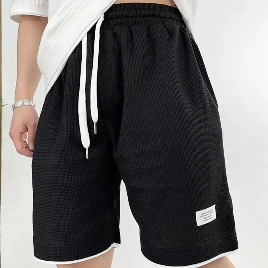 Male Short Pants Black Waffle Oversize Men\'s Shorts Xl Hot Deals Vintage Fashion Summer 3 Quarter New in Pant 2024 Clothing Thin