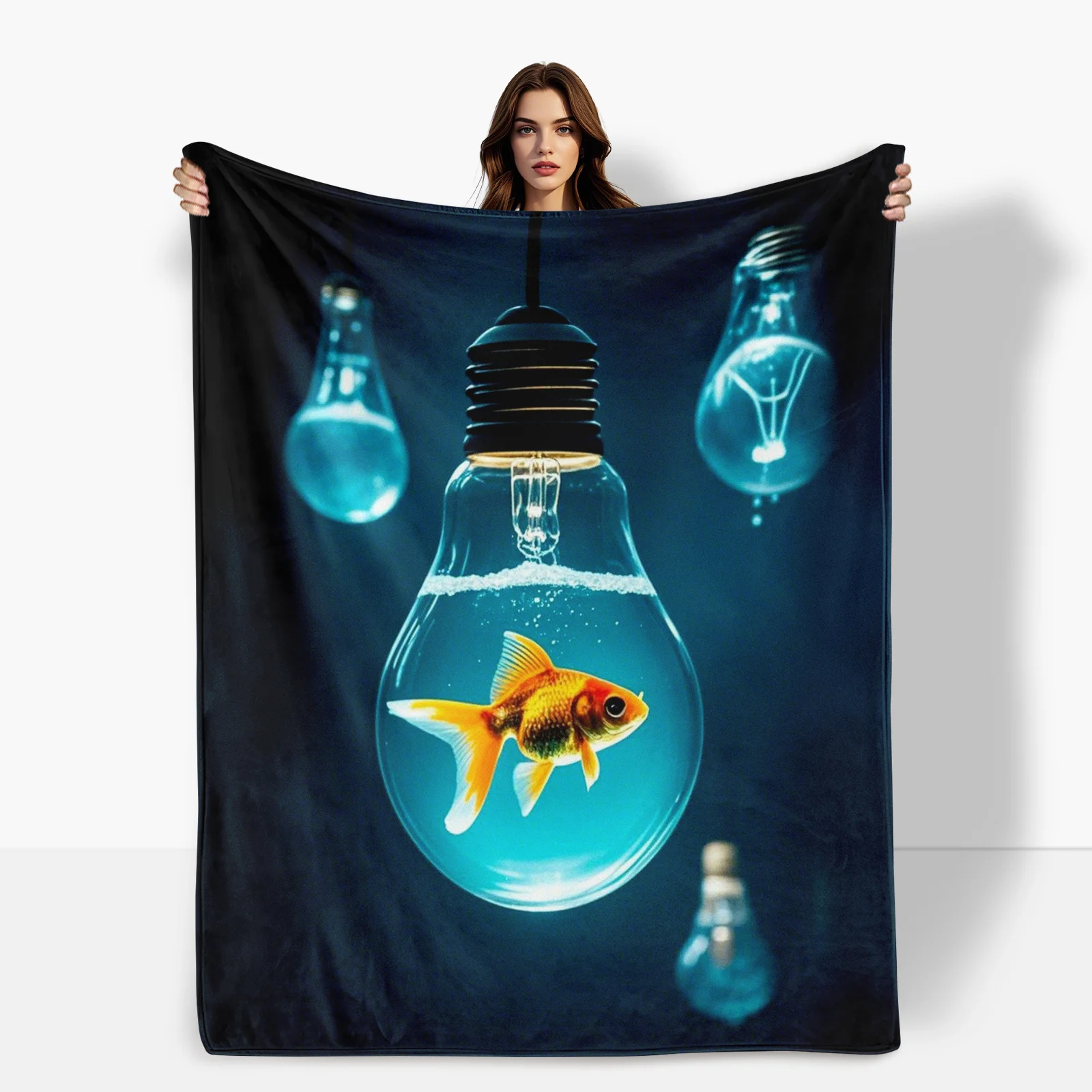 

Creative Light Bulb Design With Teal Goldfish On Black Background Blanket For Unique Aquatic Theme Home Decor