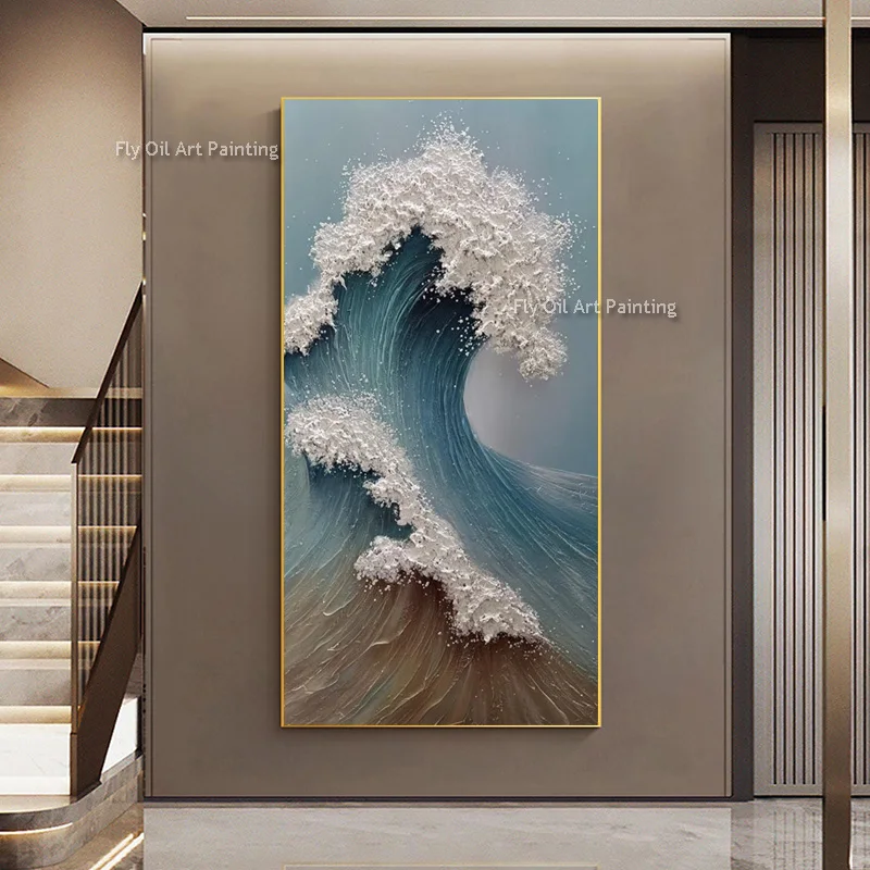 

Большая абстрактная картина маслом на холсте с сине-белыми волнами, ручная роспись, простой морской пейзаж, предмет декора для комнаты, произведение искусства
