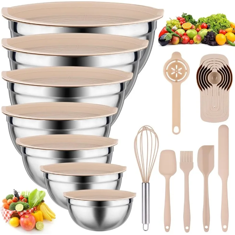 

Mixing Bowls with Lids set - 26 PCS Stainless Steel Nesting Khaki Mixing Bowls Set for Baking,Mixing,Serving & Prepping