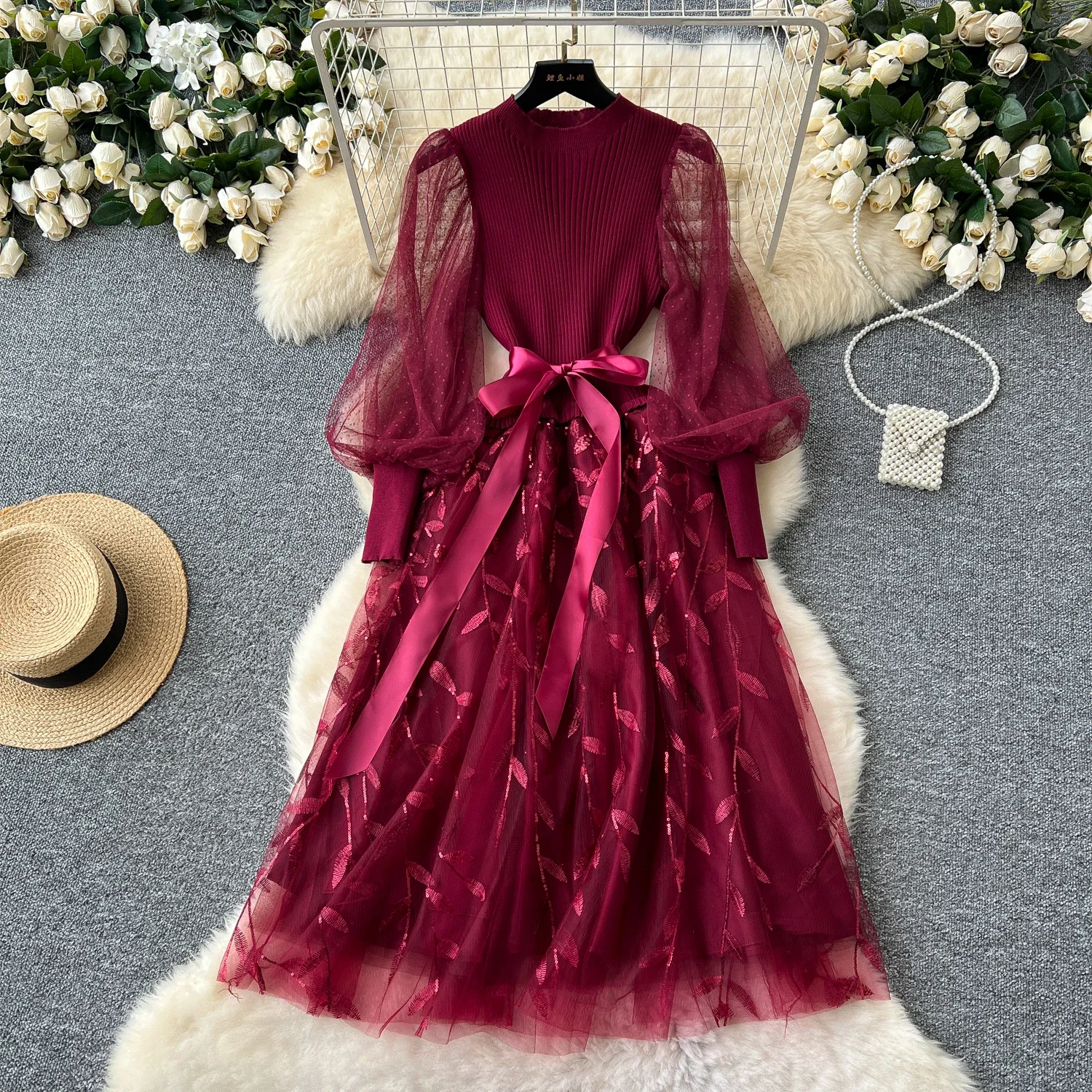 Retro Elegant Knit Patchwork Mesh Dress Sets Sexy Fairy Puff Sleeve Summer Casual Vestidos Slim Women Evening Party Dress