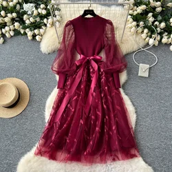 Retro Elegant Knit Patchwork Mesh Dress Sets Sexy Fairy Puff Sleeve Summer Casual Vestidos Slim Women Evening Party Dress