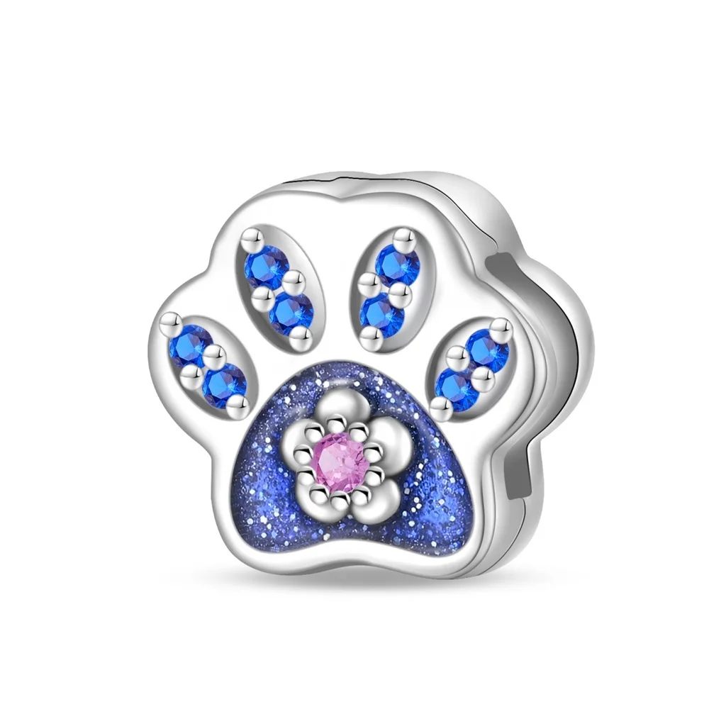 Special 925 Sterling Silver Cute Blue Print Cat Paw Flat Charm Fit Bracelet Necklace For Women's Pets Party Jewelry accessories