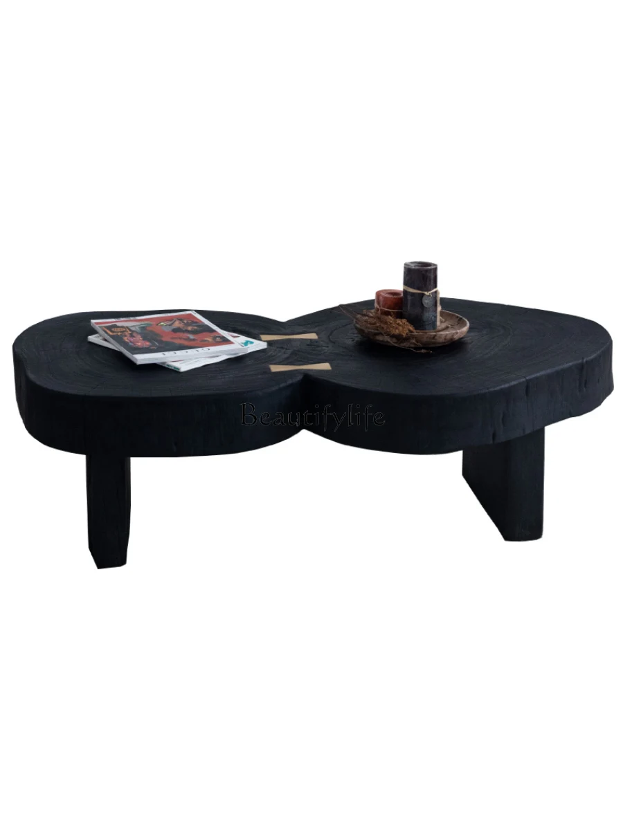 

Wabi Sabi black carbonized coffee table living room household solid wood round tea table