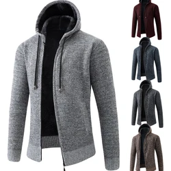 2024 Winter Men's Hooded Coat Simple Long Sleeved Sweater Plush Casual Coat Hooded Zippered Cardigan