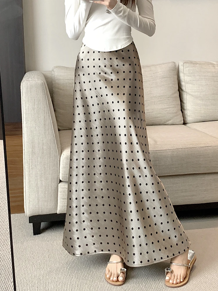 Vintage Elegant Satin Skirts Women Polka Dot Mermaid Skirts Party Club Long Trumpet Skirts Casual Black Skirts Female 2025 New