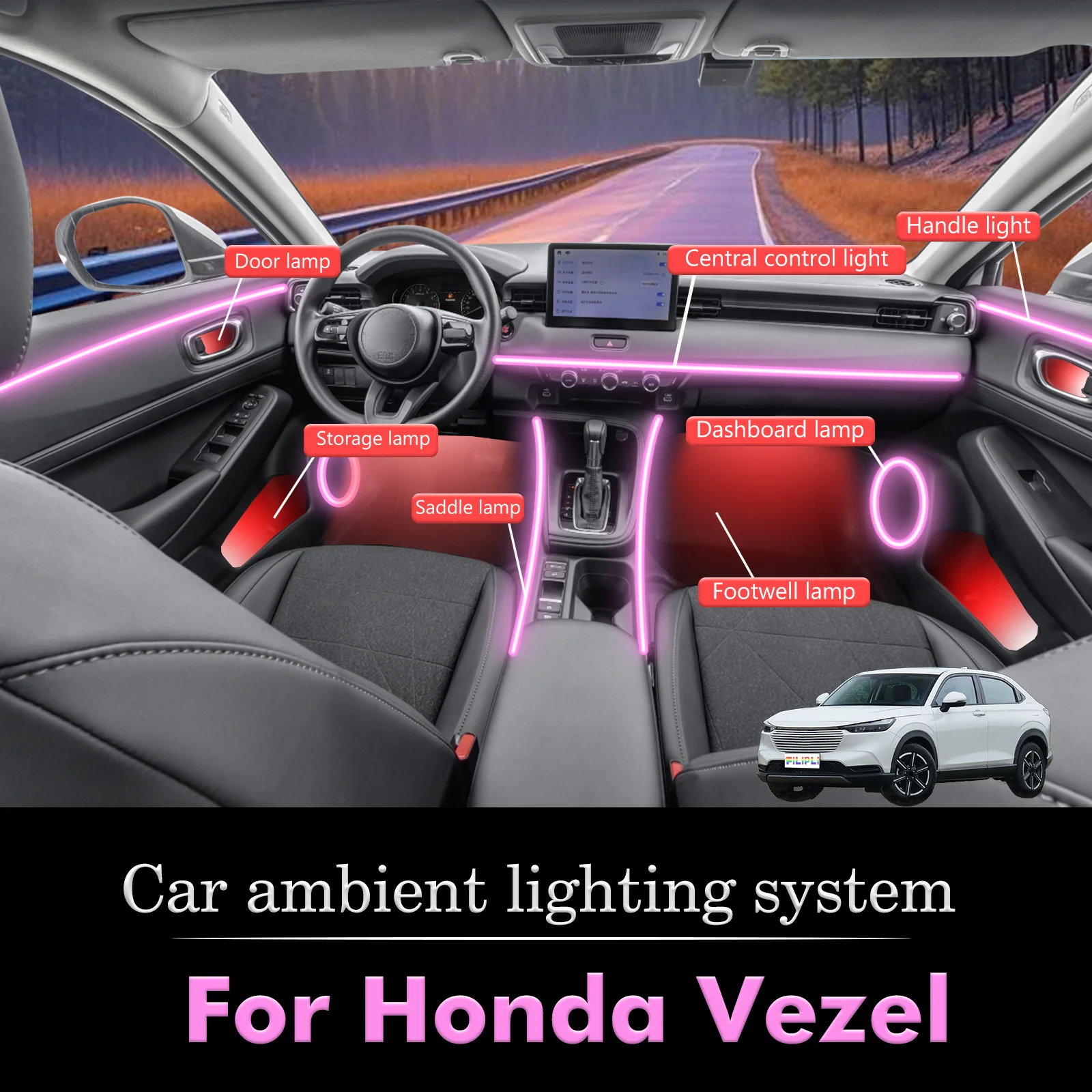 

For Honda Vezel RGB 64 Colors LED Smart Remote Control Car Interior Ambient Light Energy Saving Efficient Lamp Set