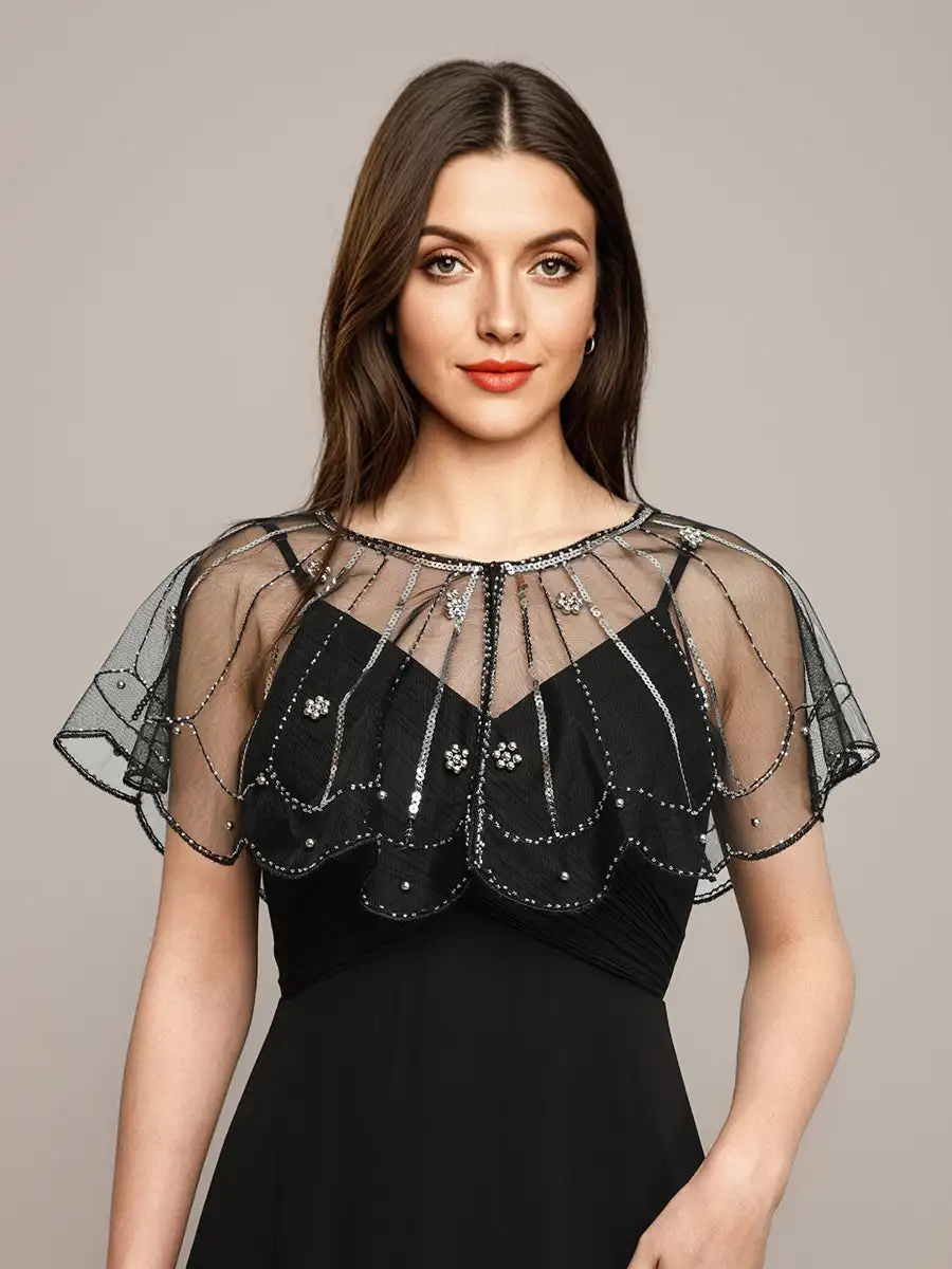 

BAZIIINGAAA Flapper Style Vintage Black Mesh Shawl with Silver Sequins & Beads
