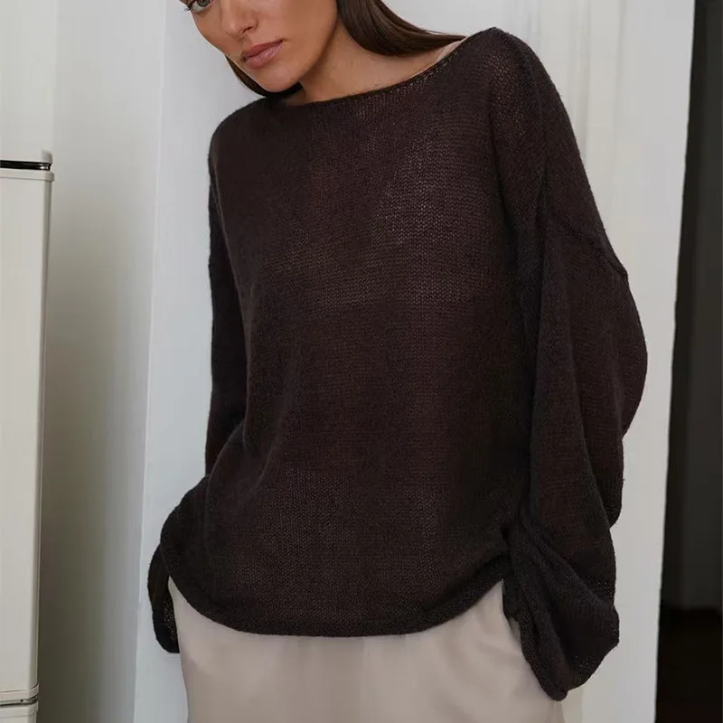 Atasan Rajut Berongga Musim Gugur Untuk Wanita, Sweater Tipis Transparan Berjaring Longgar Dengan Leher Bulat Untuk Wanita