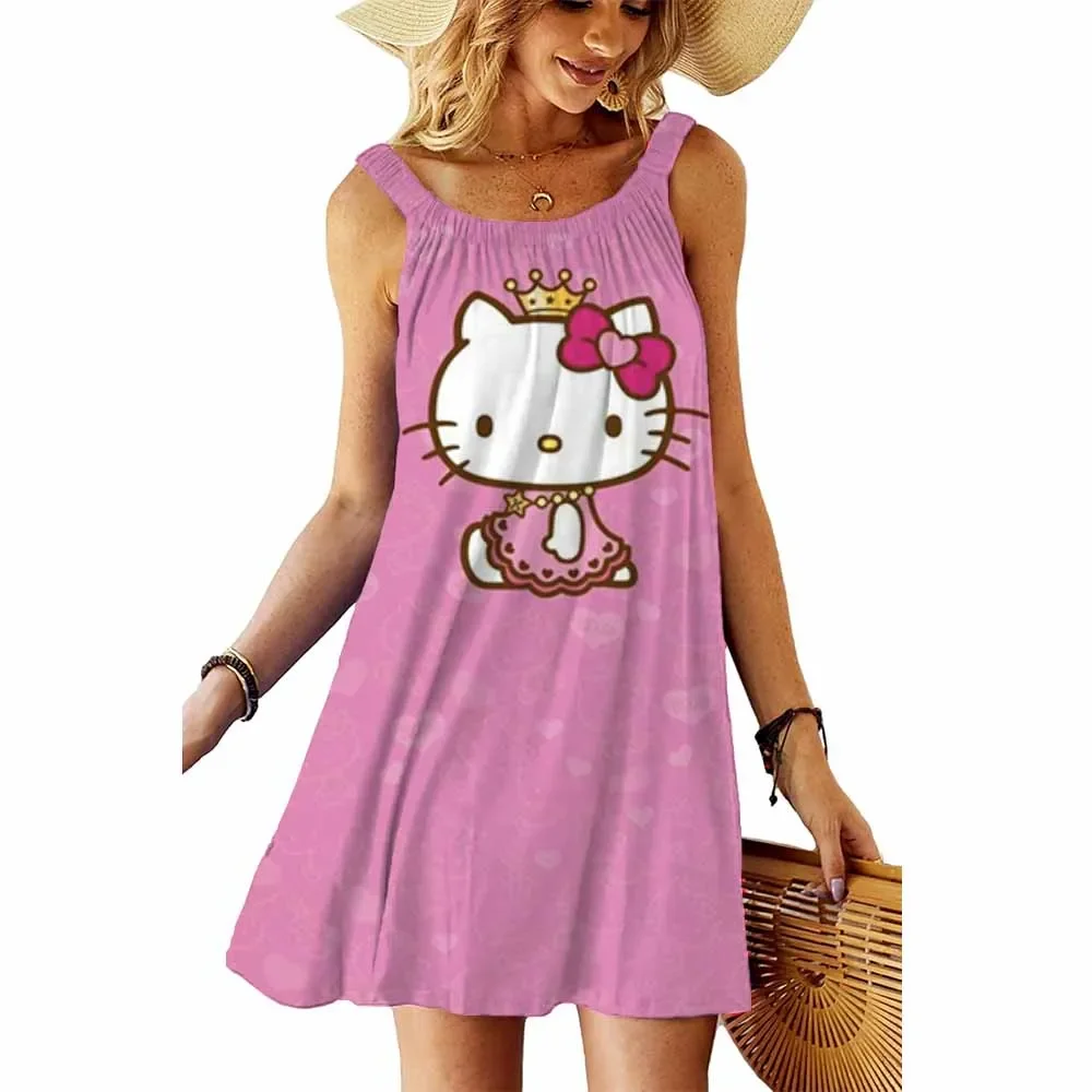 Letnia sukienka z nadrukiem Hello Kitty, seksowna sukienka damska z uroczym nadrukiem Hello Kitty, codzienna, dopasowana, bez rękawów, wygodna sukienka plażowa.