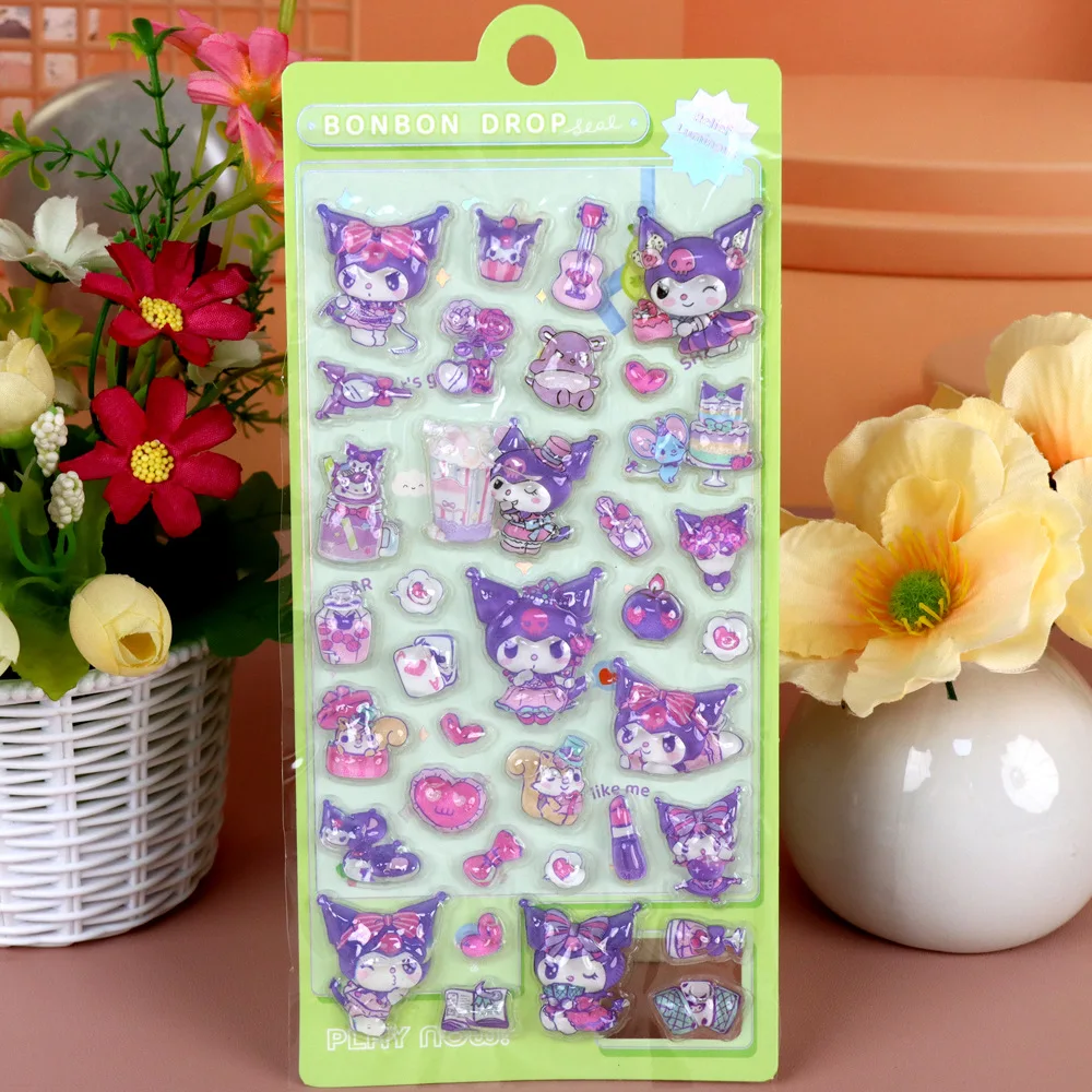 새로운 귀여운 만화 산리오 3D 입체 스티커 예쁜 카와이 쿠로미 마이멜로디 시나몬 애니메이션 데칼 크리스탈 장식 스티커