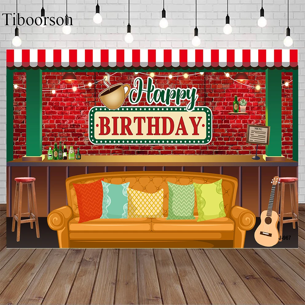 

Friends Central Perk Theme Backdrop Red Brick Wall Retro Pub Sofa Coffee 80s 90s Birthday Party Decor Banner Photo Background