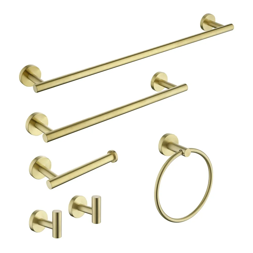 6-Pieces Brushed Gold Bathroom Hardware Set Stainless Steel Round Wall Mounted Includes Hand Towel Bar, Toilet Paper Holder