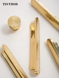 Tinyhob Vertical Lines Solid Brass Handle for Kitchen Cabinet Knobs T Bars Bedroom Wardrobes Long Pull Gold Drawer Handle