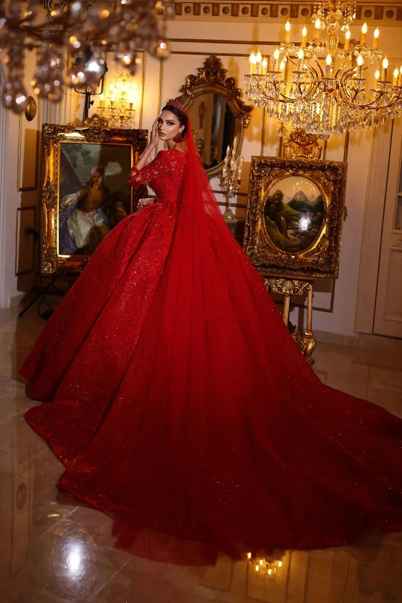 Amazing Red Dubai Lace Wedding Dresses Sparkly Beads Shinny Women Arabic Bridal Gowns 2024 Long Sleeves Church Marriage Outfits