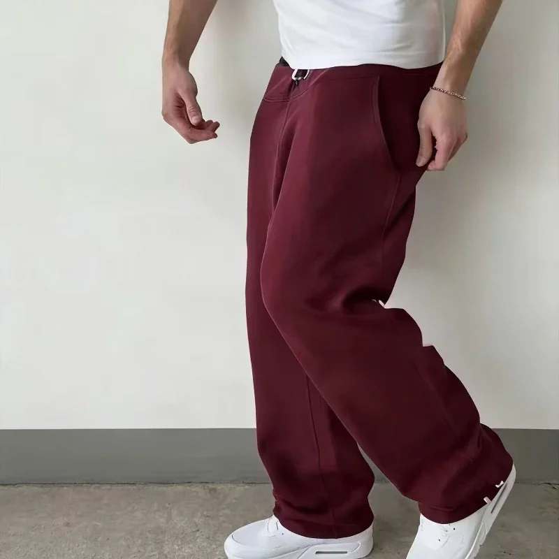 Men's European American Wide Leg Sweatpants Fleece Autumn Winter Loose Casual Pants Vintage Solid Color Trendy Trousers