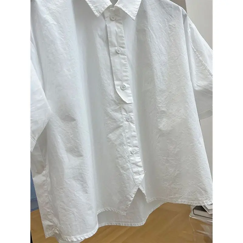 00% Bawełna Koreański Krój Luźny Top Damski Letni Modny Bluzka z Guzikami Jednolity Kolor