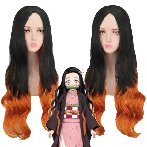 Kamado Nezuko Cosplay Heat Resistant Long Wig Kimetsu no Yaiba Long Black Orange Wig for Party Costume Halloween Party Costume