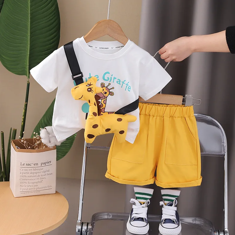 Children's Summer Set 2024 New Baby Boy Clothes 1 To 2 Years Cartoon Giraffe Short Sleeve T-shirts and Shorts Kids Boys Outfits