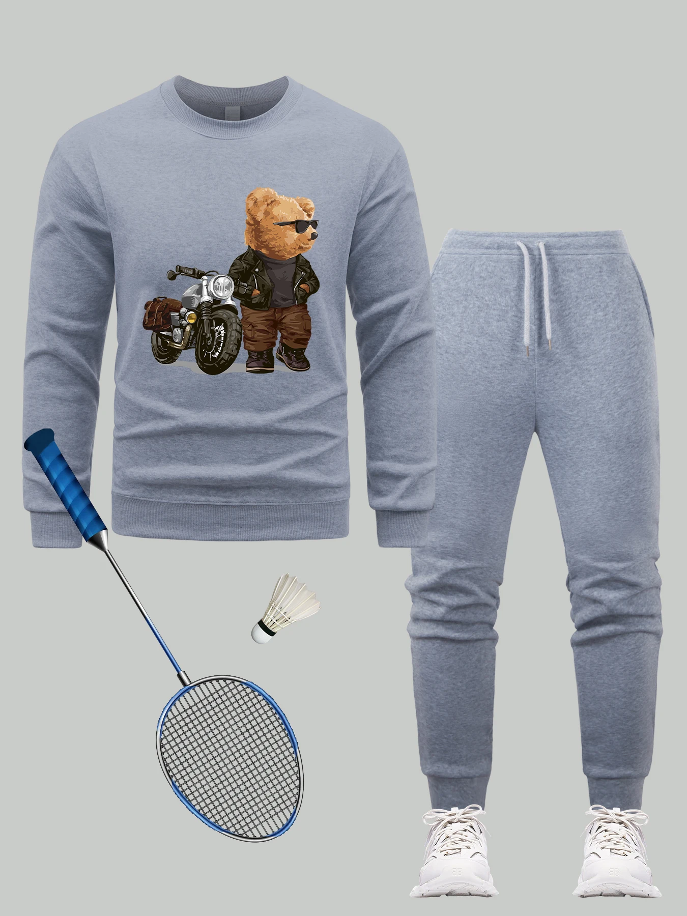 

Мотоциклетная куртка для езды, крутой мужской свитшот с принтом медведя, флисовые свободные пуловеры, осенние повседневные спортивные штаны, мужской спортивный костюм в стиле хип-хоп