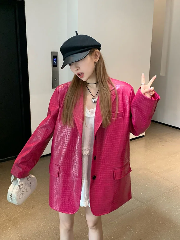 

Spring Autumn Loose Soft Crocodile Print Faux Leather Blazer Women Long Sleeve Casual Luxury Designer Clothes 2024 New