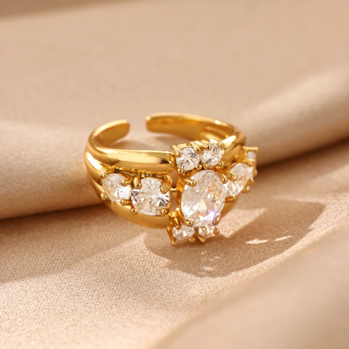 Cubic Zirconia Oval Cluster Rings For Women Gold Plated Stainless Steel Adjustable Ring Wedding Party Jewelry Gift
