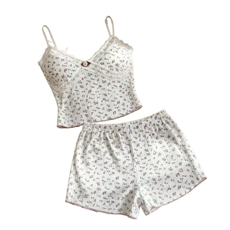 Sweet Girl Japanese Retro Floral Lace Suspender Shorts Pajama Set Age-reducing Loungewear Sexy Halter Dress Summer New Underwear