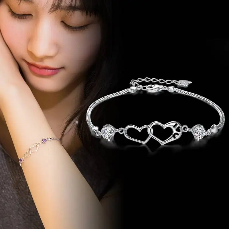 

Japan and South Korea 925 Sterling Silver Love Chain Girl Fashion Charm Amethyst Heart to Heart Women's Bracelet Gift